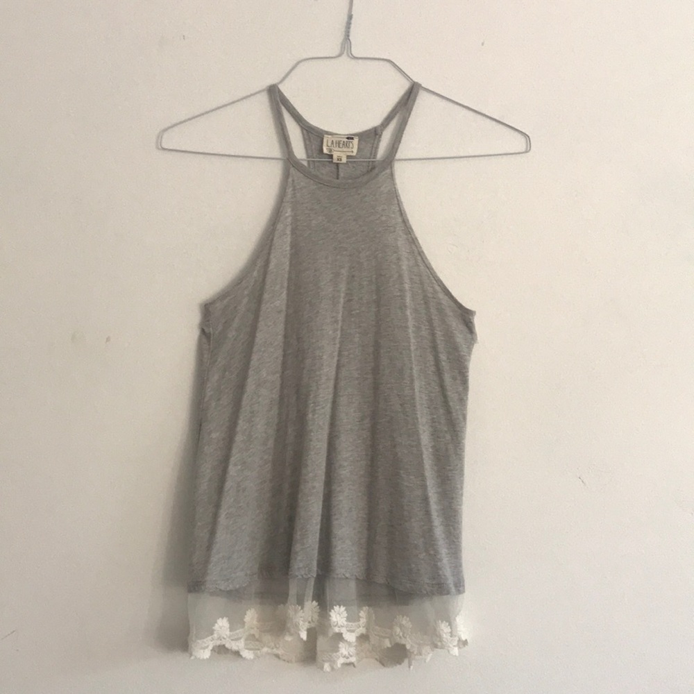 Gray, sleeveless,halter top w/ mesh/crochet detail